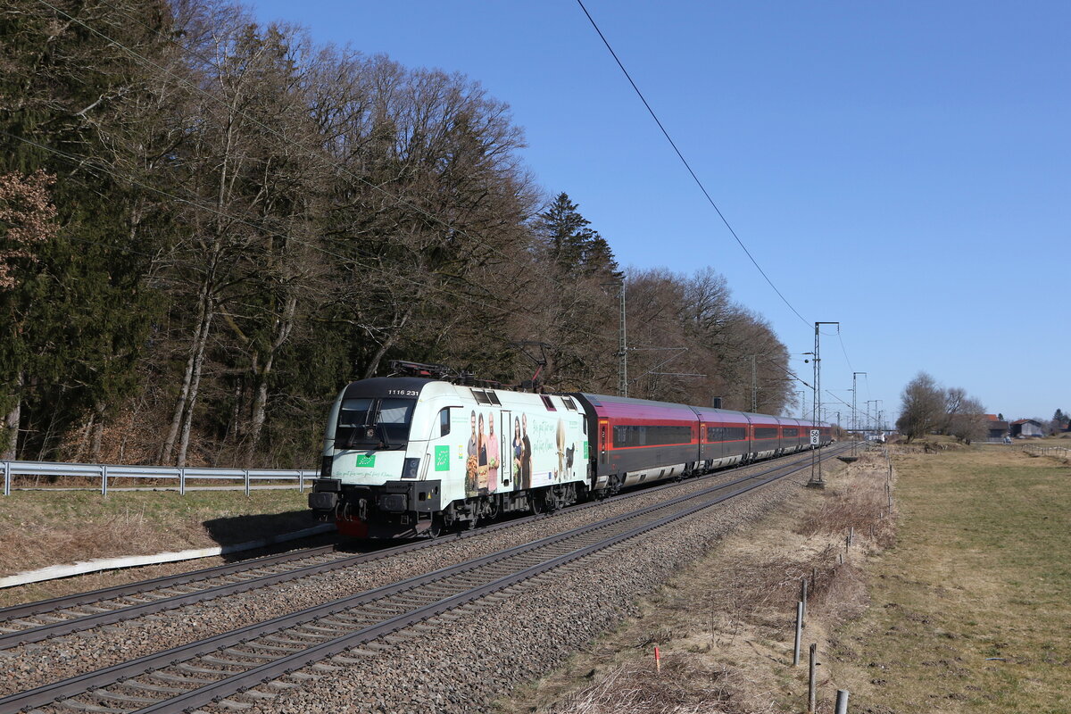 1116 231  Bio Austria 2  aus Salzburg kommend am 6. Mrz 2025 bei Hufschlag.