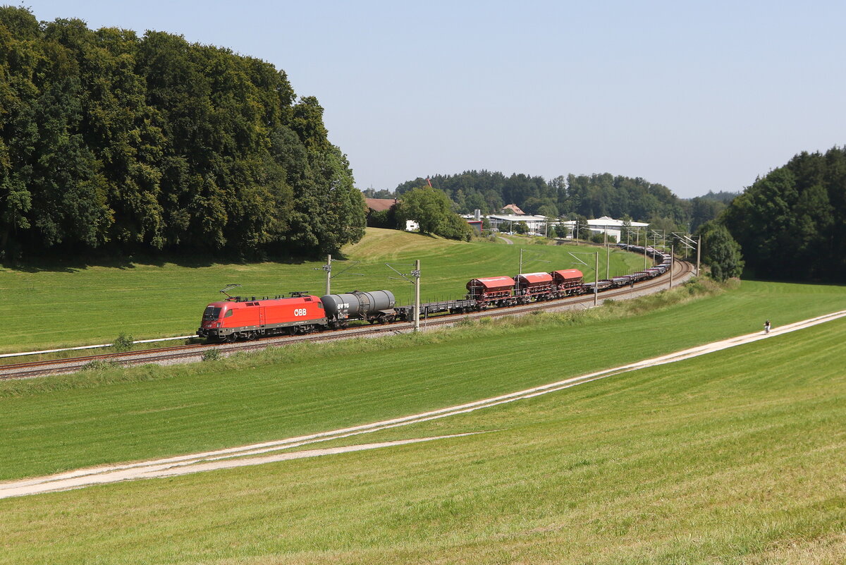 1116 267 mit einem gemischten Gterzug aus Salzburg kommend am 13. August 2025 bei Axdorf im Chiemgau.