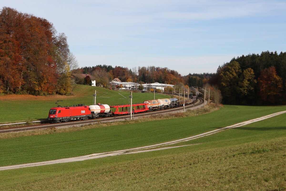 1116 274 mit einem gemischten Gterzug aus Salzburg kommend am 1. November 2025 bei Axdorf im Chiemgau.