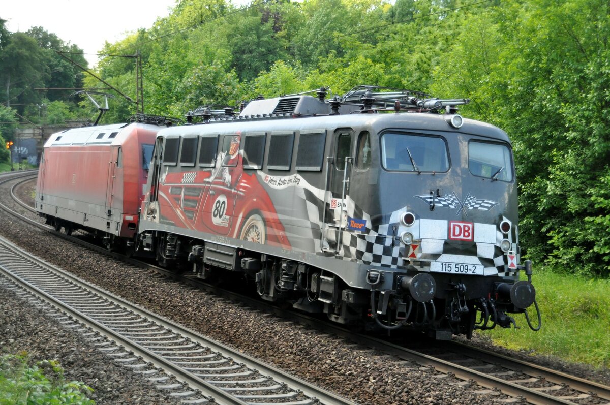 115 509-2 Auto im Zug wird von einer 101 geschleppt, bei Ulm am 06.06.2013.