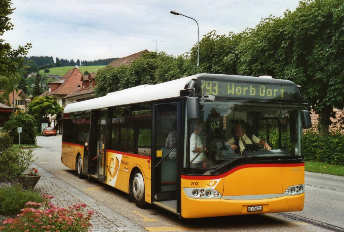 (119'134) - RBS Worblaufen - Nr. 203/BE 436'203 - Solaris (ex Vorfhrfahrzeug; ex Gurtner, Worb Nr. 1) am 12. Juli 2009 beim Bahnhof Grosshchstetten