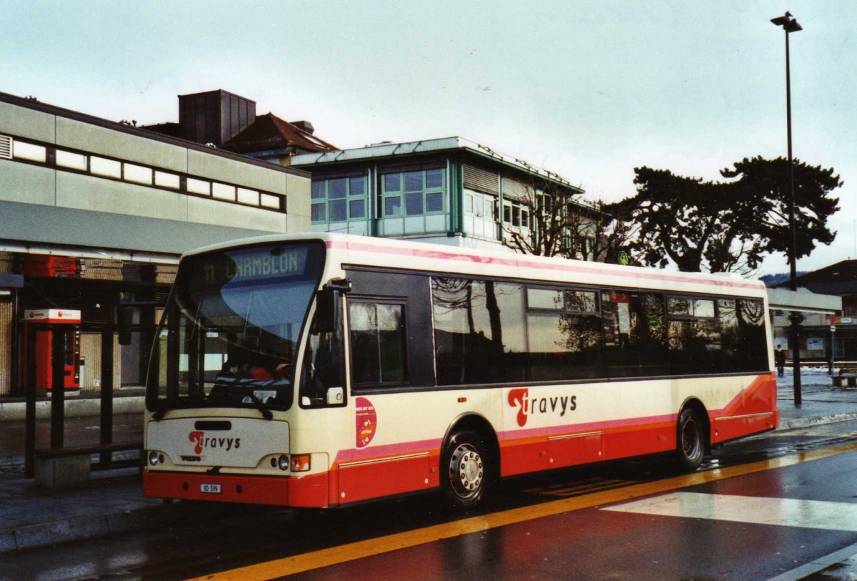 (123'301) - TRAVYS Yverdon - VD 599 - Volvo/Berkhof (ex TPYG Yverdon) am 23. Dezember 2009 beim Bahnhof Yverdon