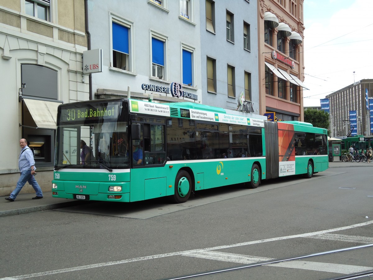 (127'648) - BVB Basel - Nr. 759/BS 3259 - MAN am 6. Juli 2010 beim Bahnhof Basel