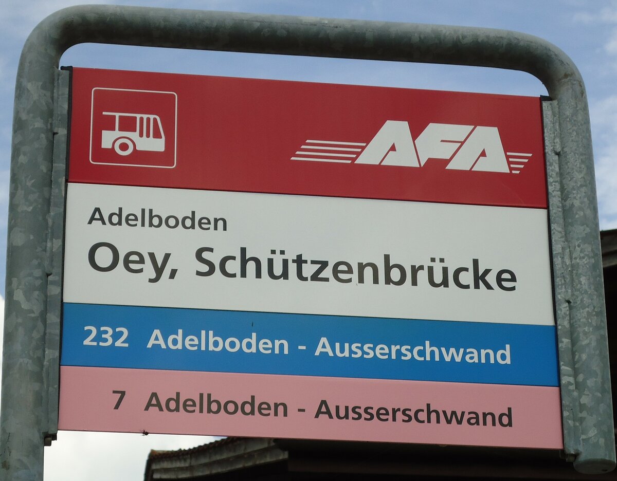(127'965) - AFA-Haltestellenschild - Adelboden, Oey, Schtzenbrcke - am 25. Juli 2010