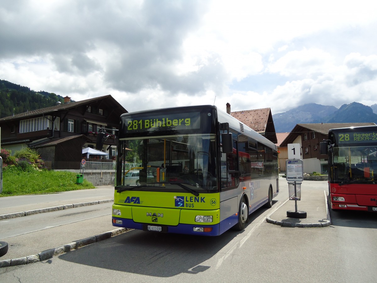 (128'044) - AFA Adelboden - Nr. 56/BE 611'030 - MAN/Gppel am 25. Juli 2010 beim Bahnhof Lenk