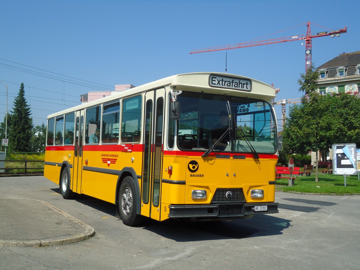 (128'854) - Osthues, Teufen - Nr. 15/AR 17'057 - Saurer/Leyland-Hess (ex AVG Grindelwald Nr. 15; ex RhV Altsttten Nr. 42) am 21. August 2010 beim Bahnhof Arbon