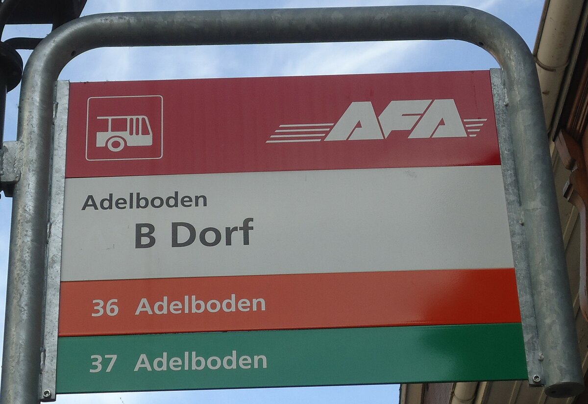 (130'362) - AFA-Haltestellenschild - Adelboden, B Dorf - am 11. Oktober 2010