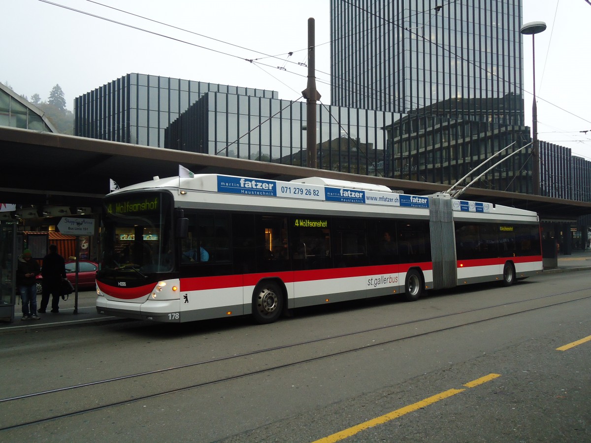 (130'422) - St. Gallerbus, St. Gallen - Nr. 178 - Hess/Hess Gelenktrolleybus am 13. Oktober 2010 beim Bahnhof St. Gallen