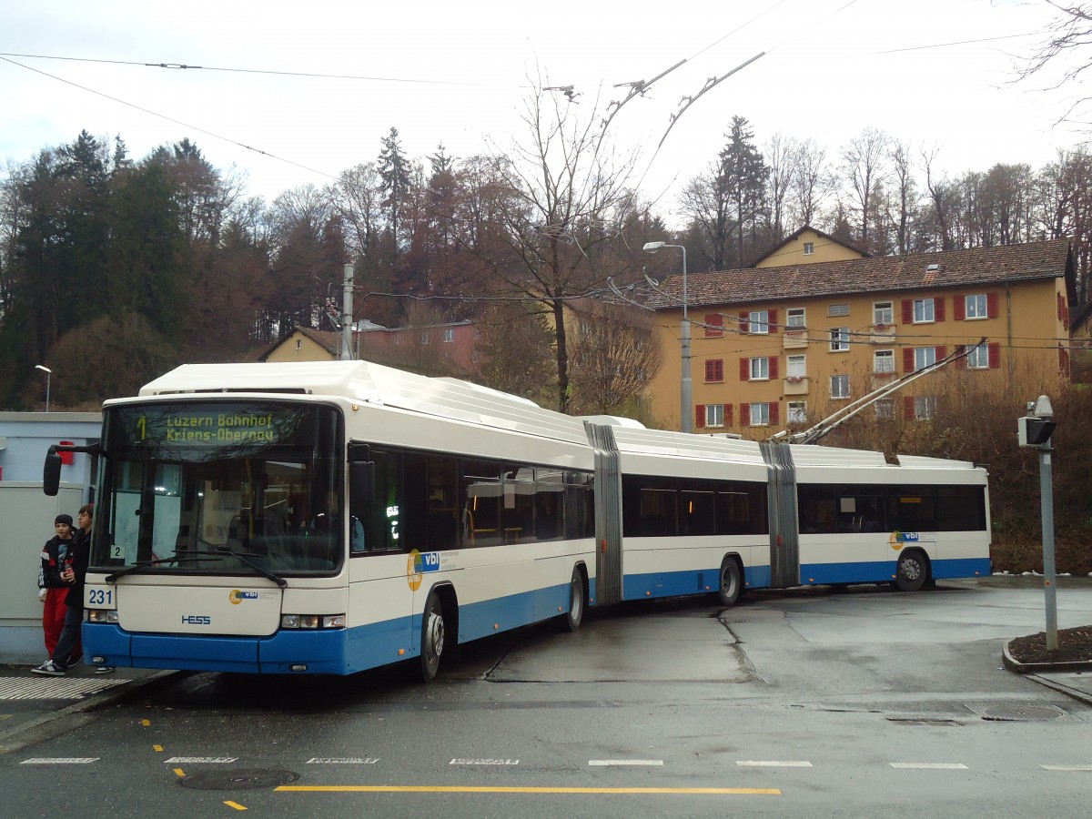 (131'483) - VBL Luzern - Nr. 231 - Hess/Hess Doppelgelenktrolleybus am 8. Dezember 2010 in Luzern, Maihof