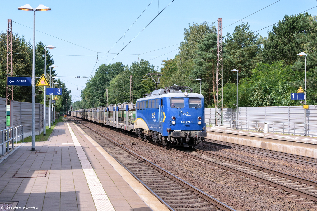 140 774-1 evb logistik mit einem leeren Autotransportzug in Bienenbttel und fuhr weiter in Richtung Uelzen. 26.08.2016