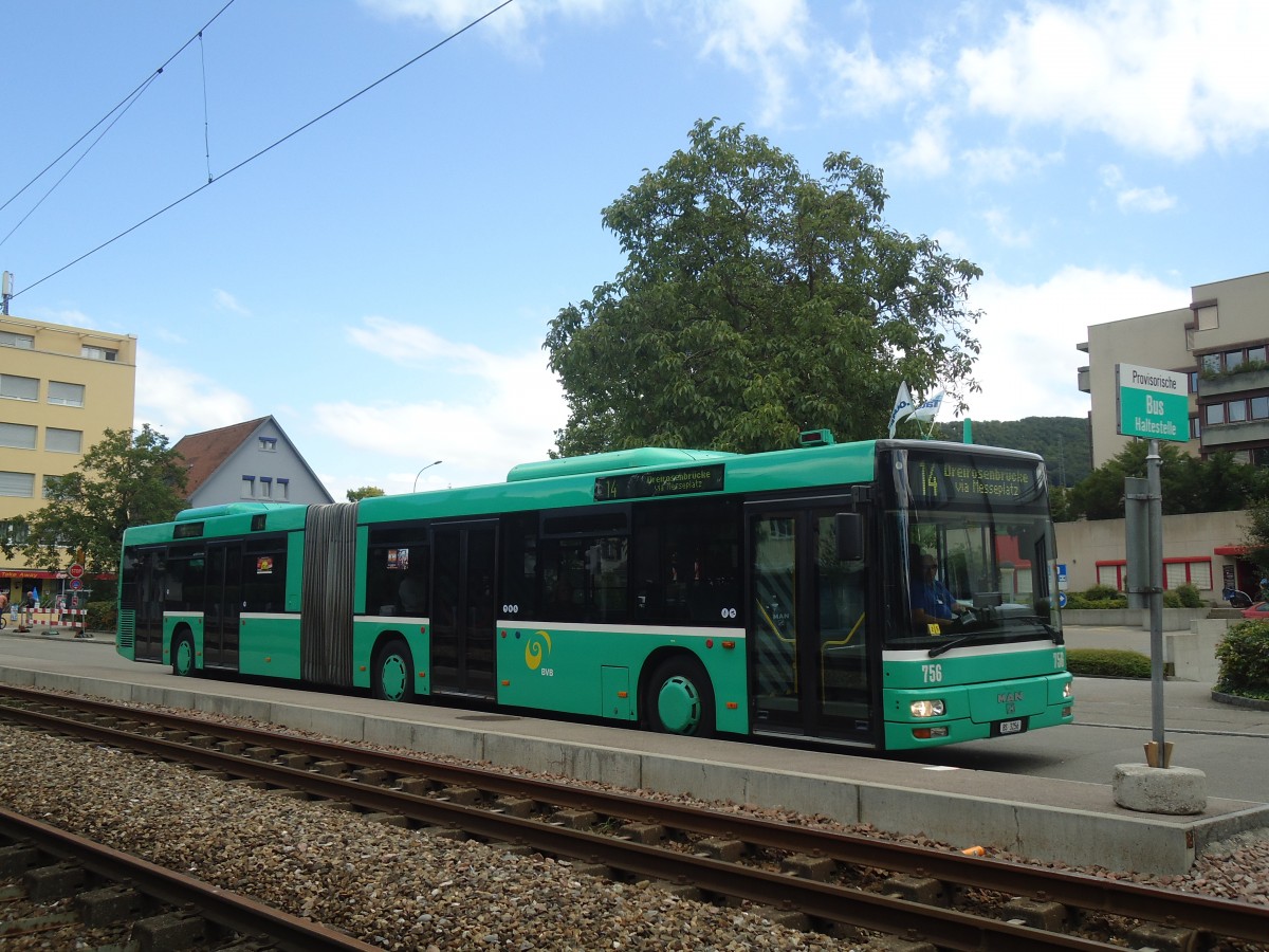 (140'471) - BVB Basel - Nr. 756/BS 3256 - MAN am 11. Juli 2012 in Pratteln, Bahnhofstrasse