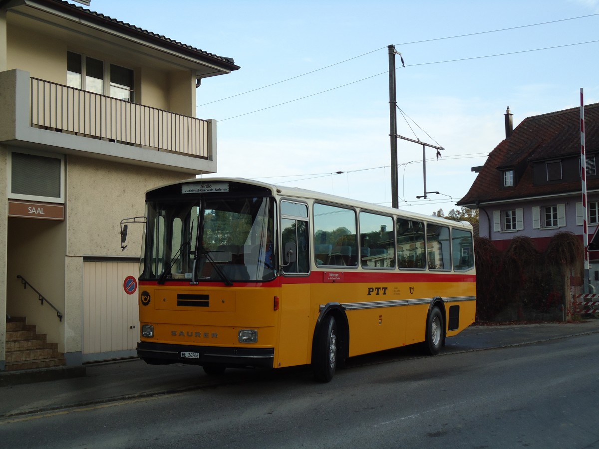 (142'001) - Schmid, Thrishaus - BE 26'206 - Saurer/Tscher (ex P 24'244) am 21. Oktober 2012 in Flamatt, Bernstrasse
