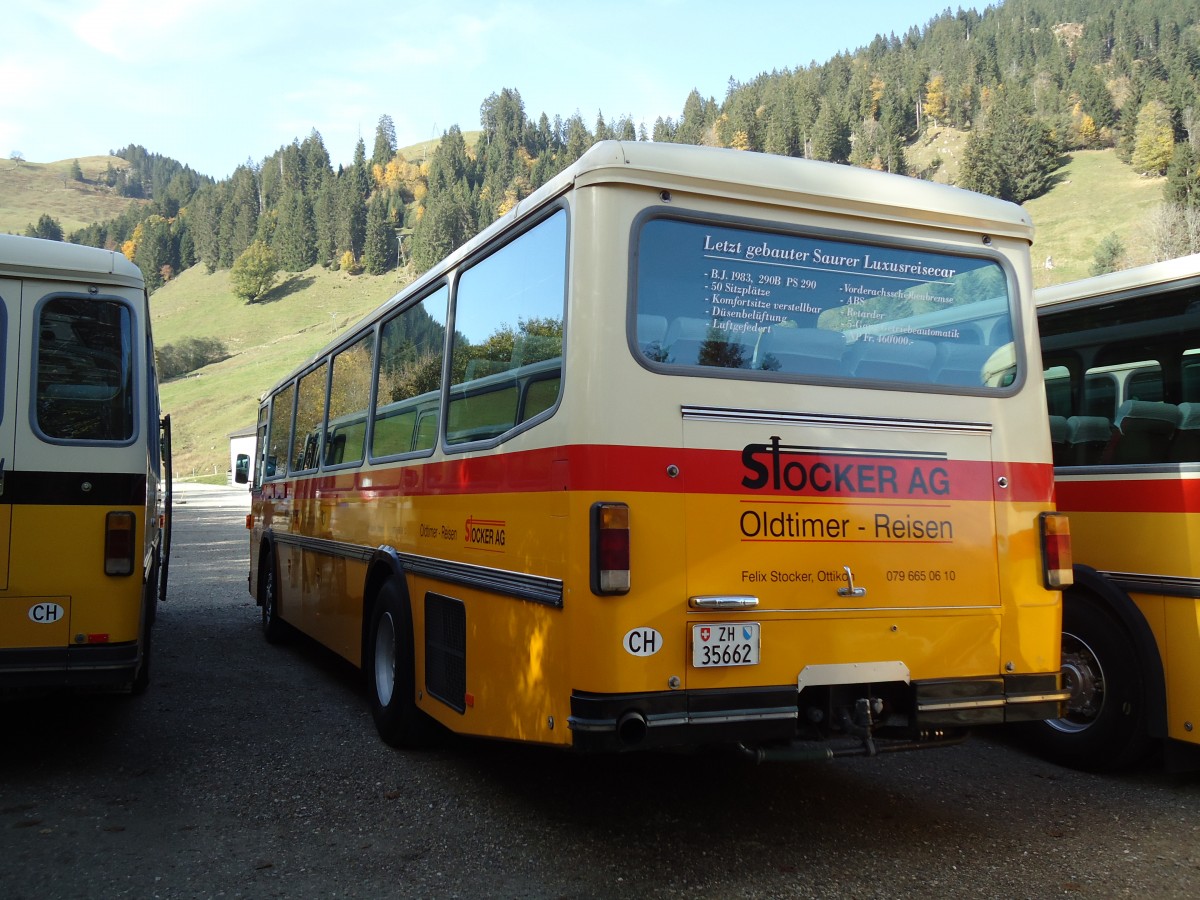 (142'035) - Stocker, Ottikon - ZH 35'662 - Saurer/R&J (ex Eberle, Wittenbach; ex Richter, Ossingen; ex P 25'350) am 21. Oktober 2012 in Schwarzsee, Schwyberg