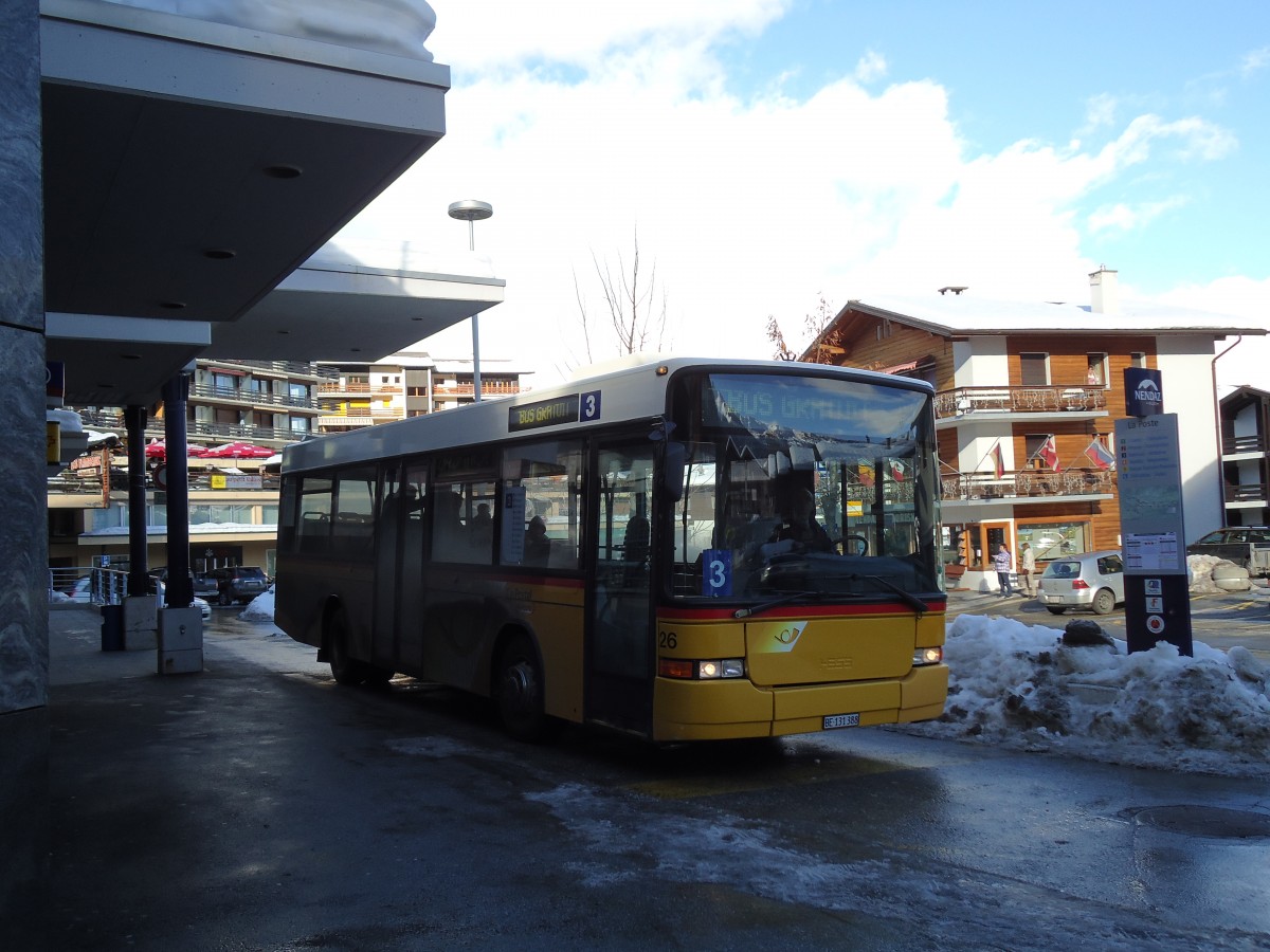 (142'672) - Lathion, Sion - Nr. 26/BE 131'388 - Volvo/Hess (ex MOB Montreux Nr. 26; ex Maag, Kloten Nr. 38) am 26. Dezember 2012 in Haute-Nendaz, Post