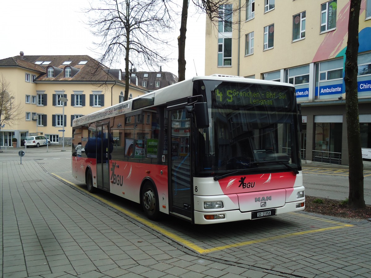 (143'534) - BGU Grenchen - Nr. 8/SO 21'958 - MAN/Gppel am 23. Mrz 2013 in Grenchen, Postplatz