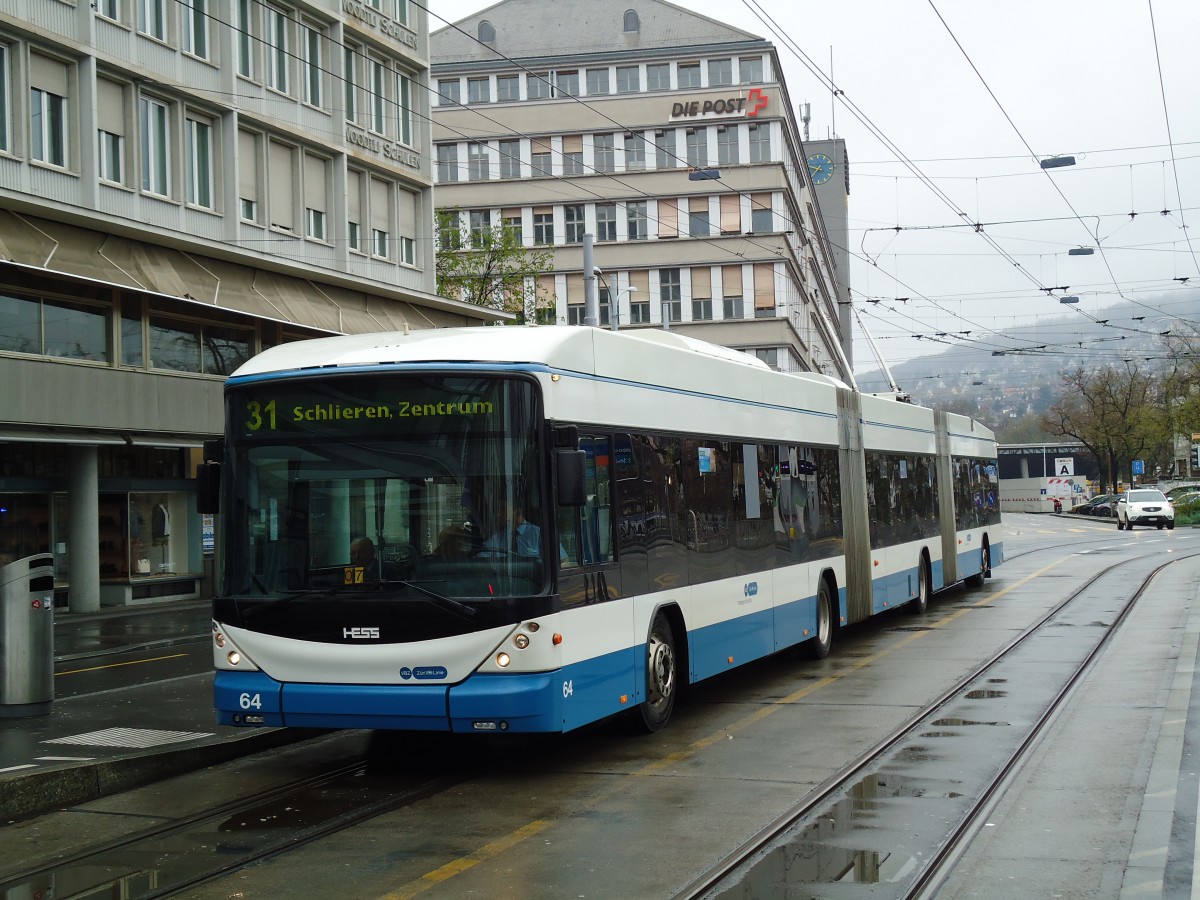 (143'725) - VBZ Zrich - Nr. 64 - Hess/Hess Doppelgelenktrolleybus am 21. April 2013 in Zrich, Sihlpost