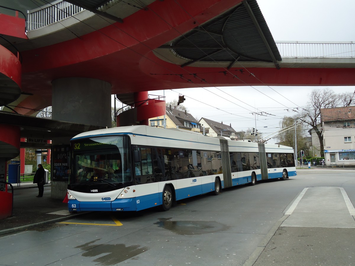 (143'814) - VBZ Zrich - Nr. 63 - Hess/Hess Doppelgelenktrolleybus am 21. April 2013 in Zrich, Bucheggplatz