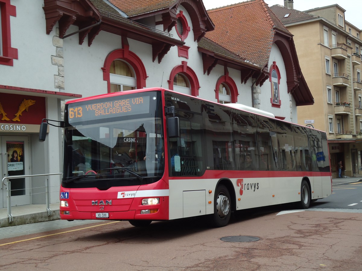 (143'850) - TRAVYS Yverdon VD 599 - MAN am 27. April 2013 in Orbe, Post