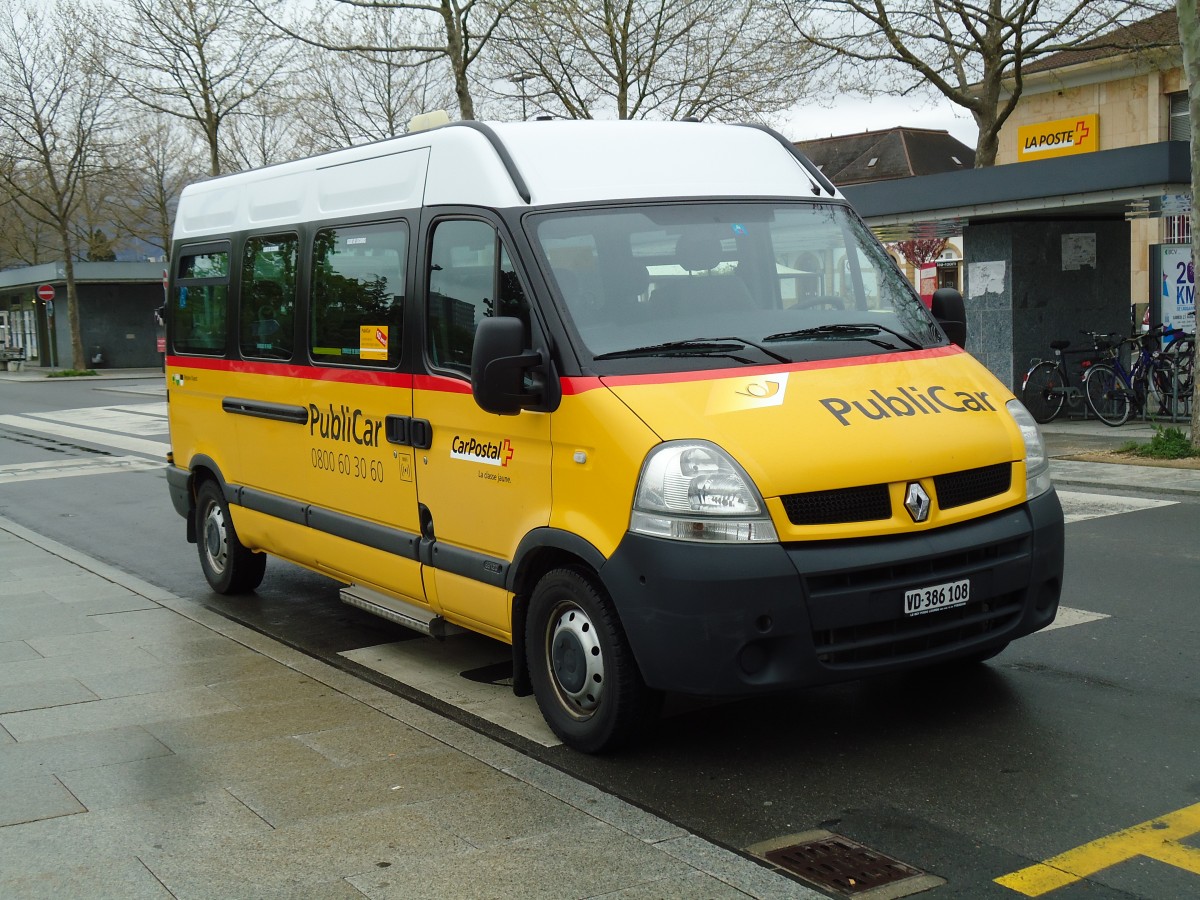 (143'863) - CarPostal Ouest - VD 386'108 - Renault am 27. April 2013 beim Bahnhof Yverdon