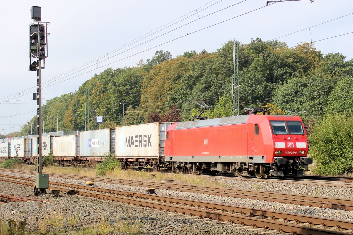 145 038-6 mit  Seekisten  fr den Hamburger Hafen. Tostedt den 08.09.2014