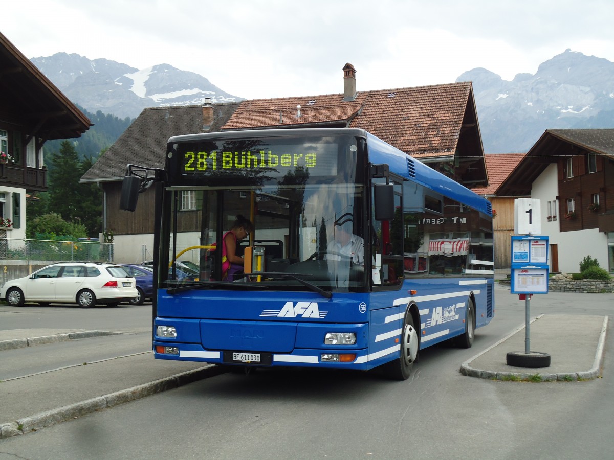 (146'147) - AFA Adelboden - Nr. 56/BE 611'030 - MAN/Gppel am 28. Juli 2013 beim Bahnhof Lenk