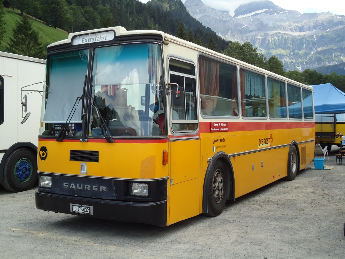 (146'346) - Schr, Ettenhausen - TG 175'032 - Saurer/R&J (ex Zimmermann, Kerns; ex Amstein, Willisau) am 17. August 2013 in Lenk, Metschbahnen