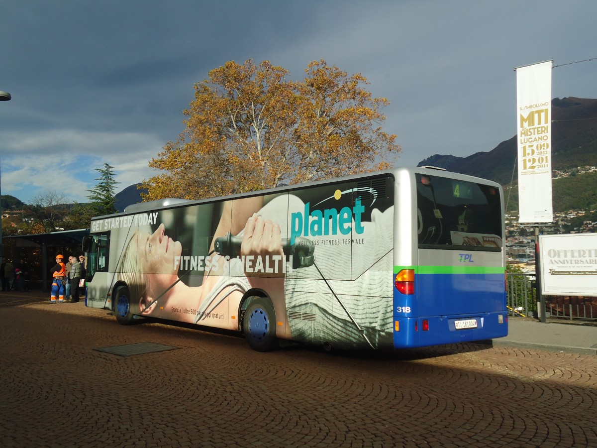 (147'684) - TPL Lugano - Nr. 318/TI 161'004 - Mercedes (ex Nr. 17) am 5. November 2013 beim Bahnhof Lugano