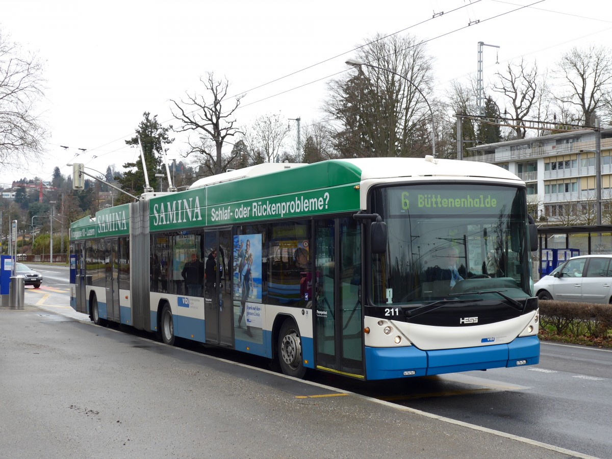 (148'936) - VBL Luzern - Nr. 211 - Hess/Hess Gelenktrolleybus am 16. Februar 2014 in Luzern, Verkehrshaus