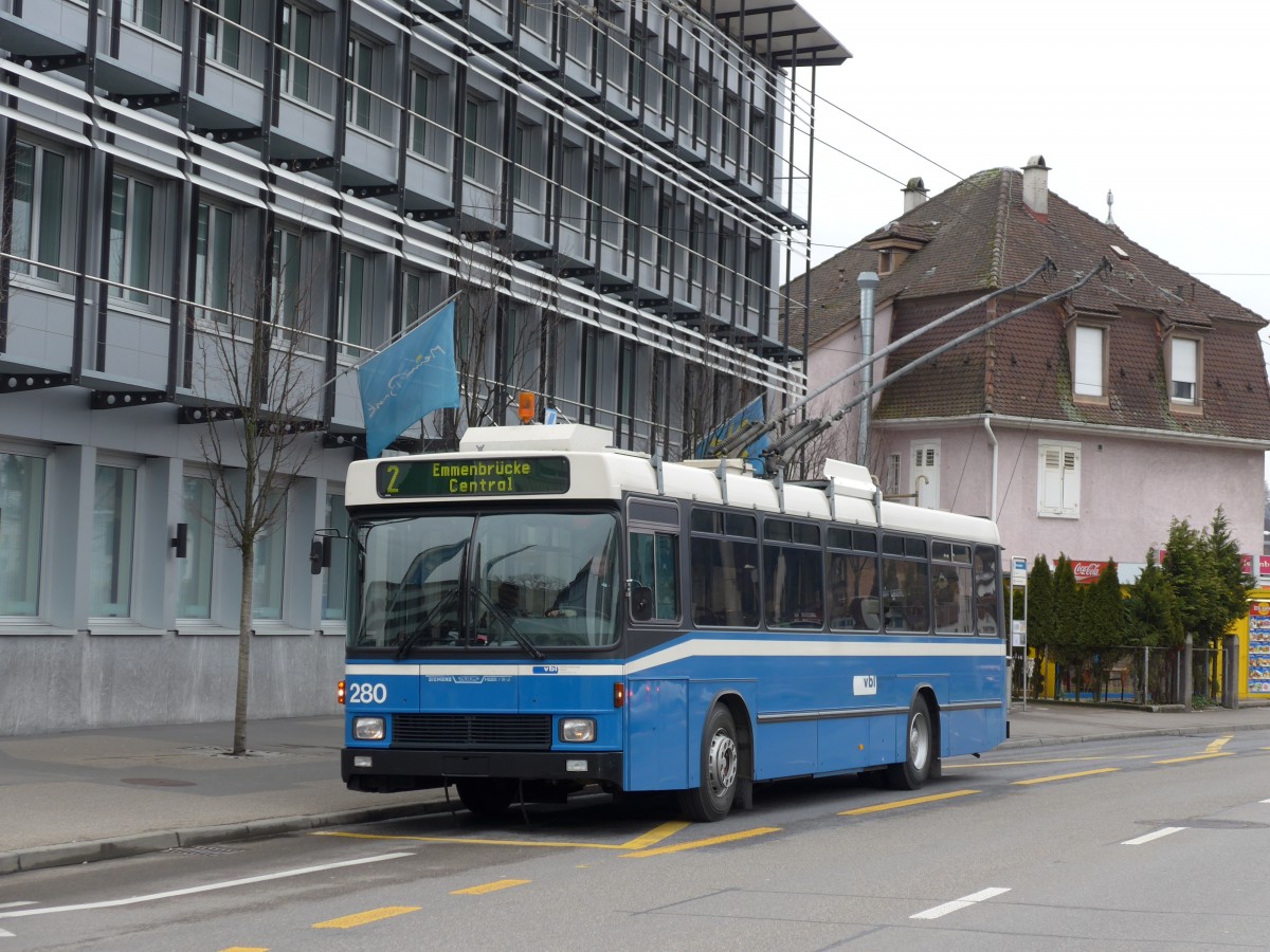 (148'966) - VBL Luzern - Nr. 280 - NAW/R&J-Hess Trolleybus am 16. Februar 2014 in Emmenbrcke, Seetalplatz