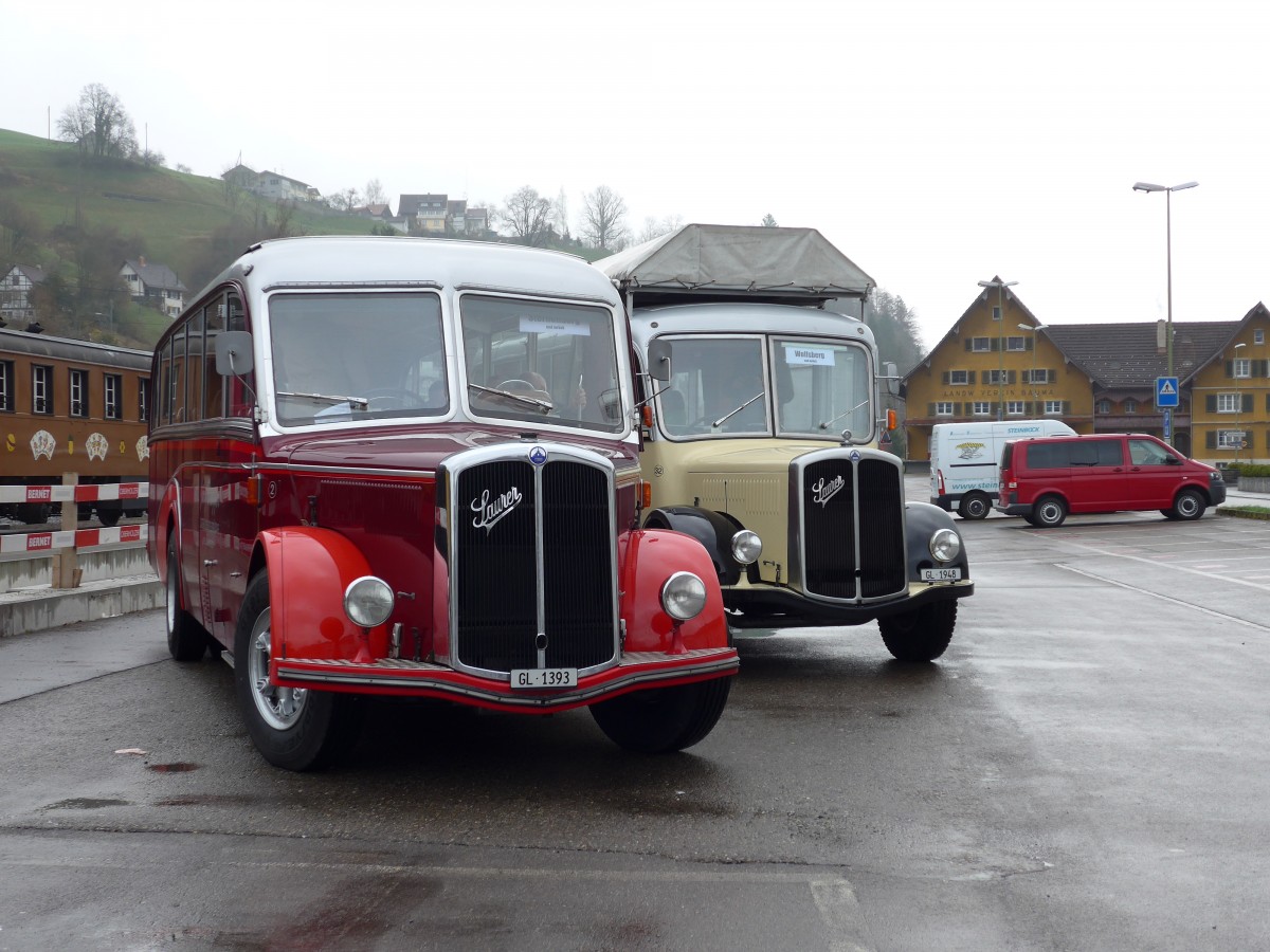 (149'587) - Biegger, Uster - Nr. 2/GL 1393 - Saurer/Lauber (ex Tlverbier, Verbier Nr. 2; ex Werkbus; ex Rey, Ayent) am 6. April 2014 beim Bahnhof Bauma