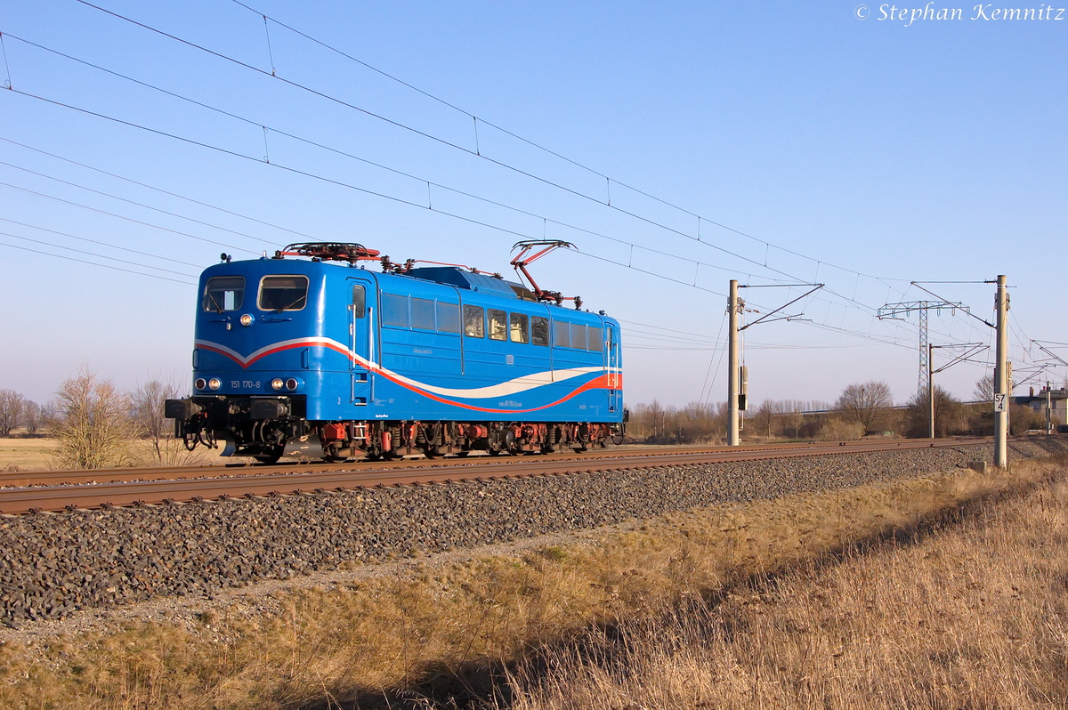 151 170-8 SRI Rail Invest GmbH fr EGP - Eisenbahngesellschaft Potsdam mbH fuhr als Lz durch Vietznitz weiter in Richtung Wittenberge. 24.02.2014