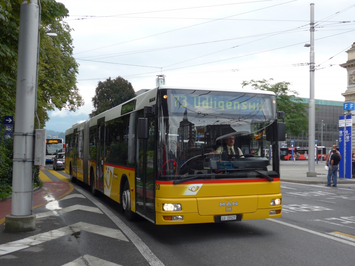 (154'018) - Bucheli, Kriens - Nr. 20/LU 15'527 - MAN (ex Steiner, Ortschwaben Nr. 5) am 19. August 2014 beim Bahnhof Luzern