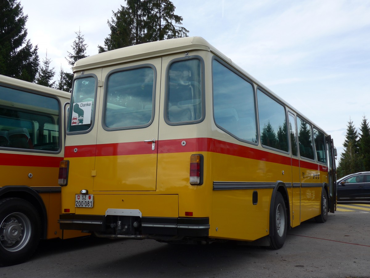 (155'674) - Inkamp, Altendorf - SZ 200'081 - Saurer/Tscher (ex Koch, Giswil; ex Selfors, Meiringen; ex P 24'236) am 12. Oktober 2014 in Willerzell, Rest. Sattelegg