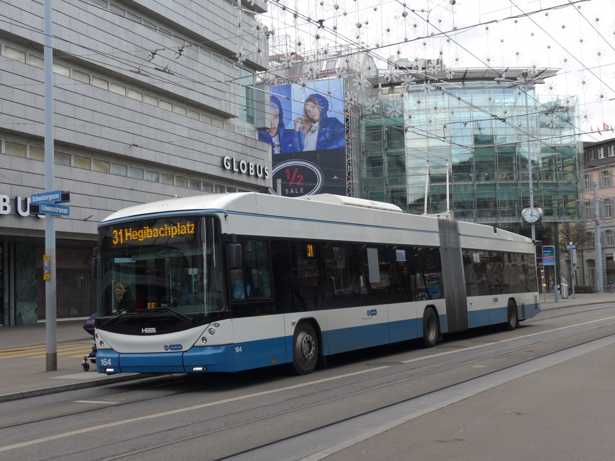 (157'738) - VBZ Zrich - Nr. 164 - Hess/Hess Gelenktrolleybus am 14. Dezember 2014 in Zrich, Lwenplatz