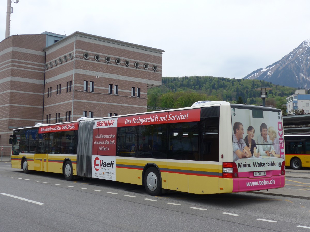 (160'027) - STI Thun - Nr. 119/BE 700'119 - MAN am 25. April 2015 beim Bahnhof Spiez