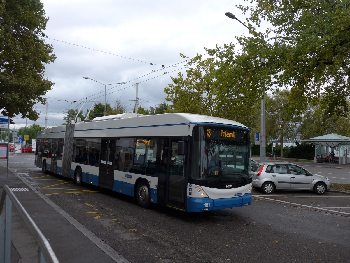 (164'954) - VBZ Zrich - Nr. 181 - Hess/Hess Gelenktrolleybus am 17. September 2015 beim Bahnhof Zrich-Tiefenbrunnen