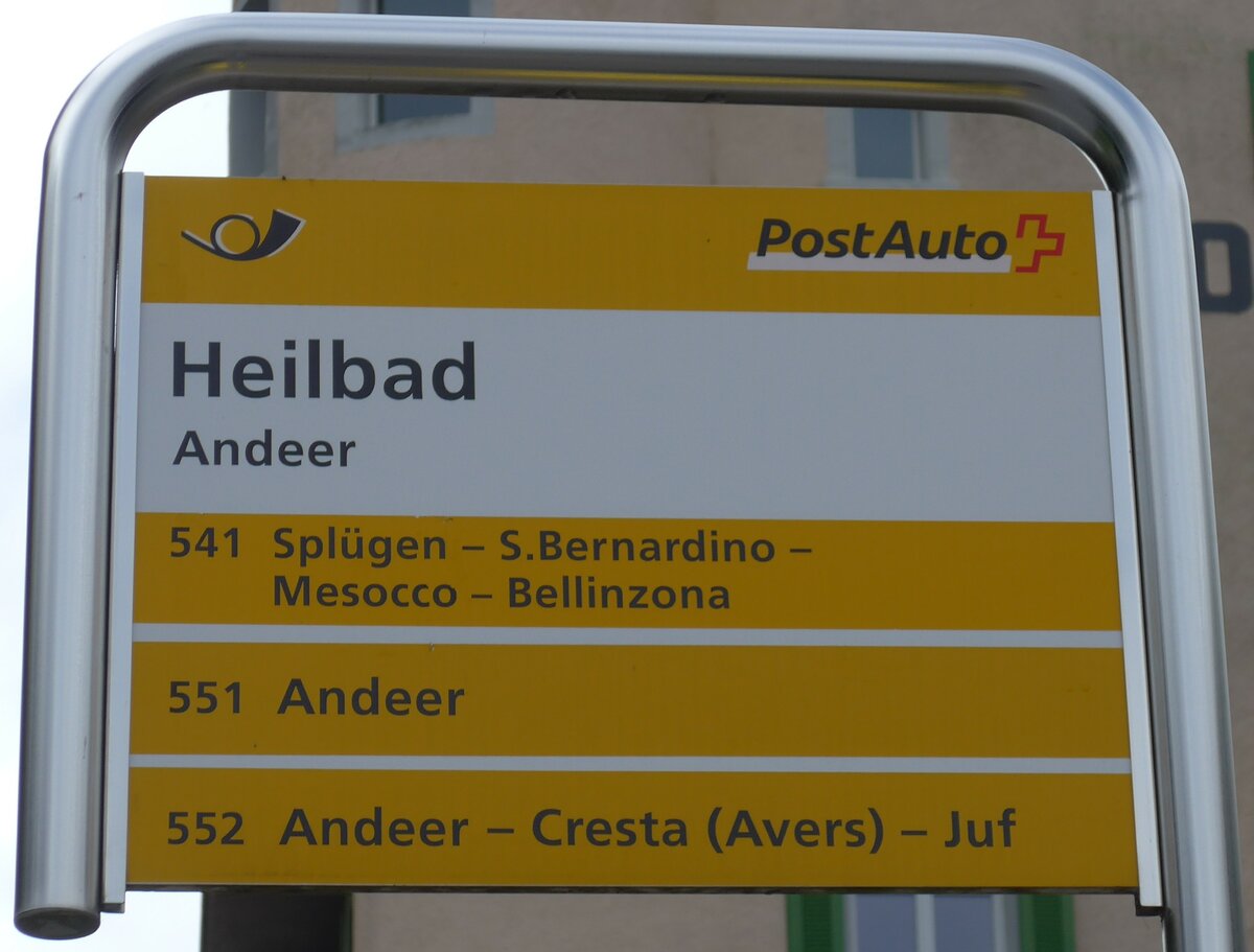 (165'248) - PostAuto-Haltestellenschild - Andeer, Heilbad - am 19. September 2015