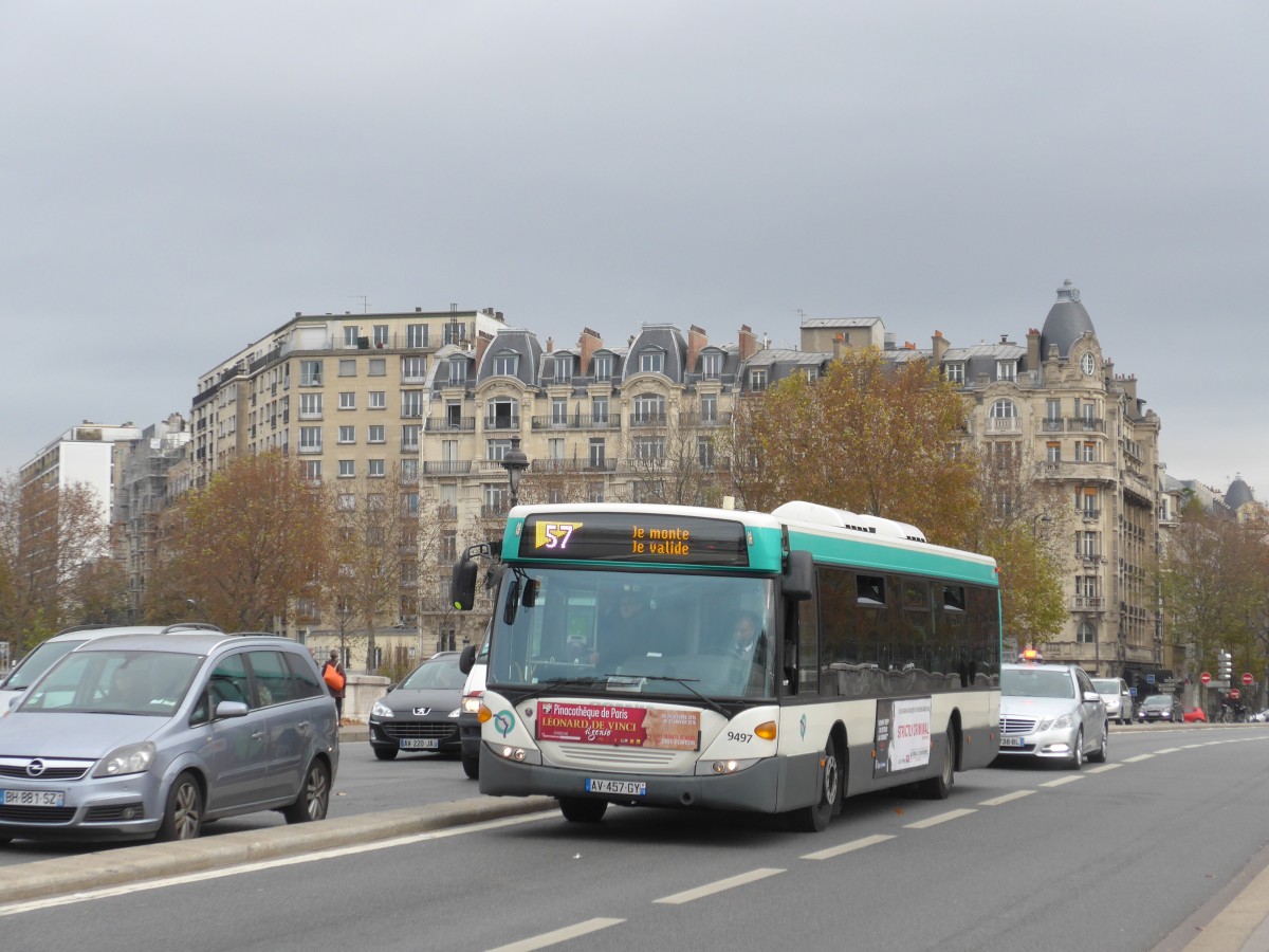 (166'831) - RATP Paris - Nr. 9497/AV 457 GY - Scania am 16. November 2015 in Paris, Gare d'Austerlitz