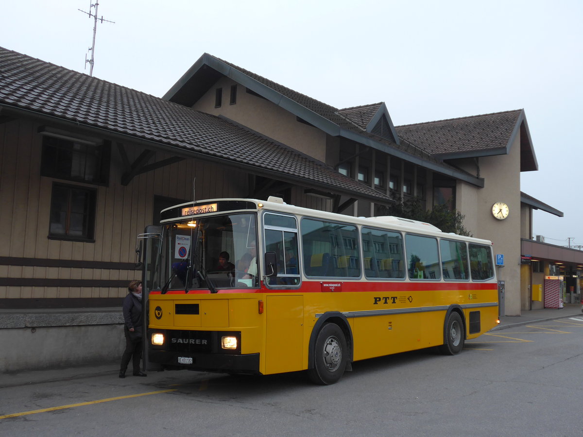 (169'628) - Bernair, Mnsingen - BE 651'182 - Saurer/Tscher (ex Schebath, Lauerz; ex Albin, Fllanden; ex Heim, Flums) am 2. April 2016 beim Bahnhof Konolfingen