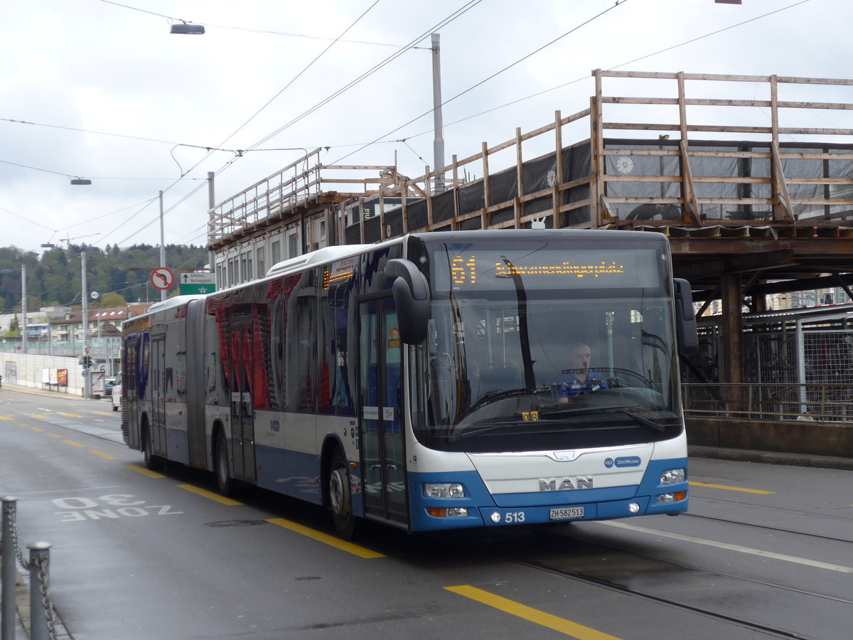 (169'996) - VBZ Zrich - Nr. 513/ZH 582'513 - MAN am 14. April 2016 beim Bahnhof Zrich-Oerlikon