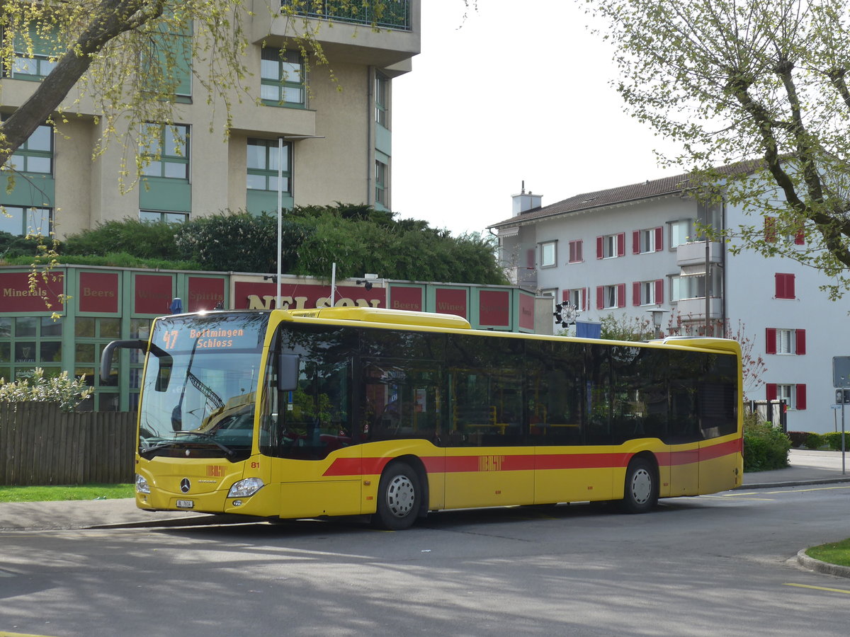 (170'267) - BLT Oberwil - Nr. 81/BL 7614 - Mercedes am 30. April 2016 beim Bahnhof Muttenz