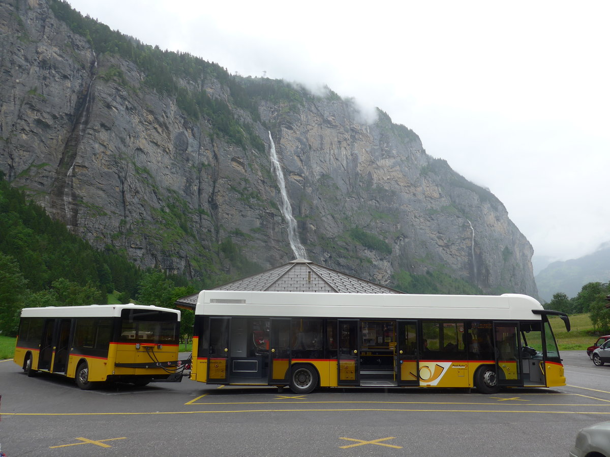 (171'732) - PostAuto Bern - BE 586'962 - Lanz+Marti/Hess Personenanhnger (ex VBL Luzern Nr. 308) + BE 474'560 - Hess am 12. Juni 2016 in Stechelberg, Hotel