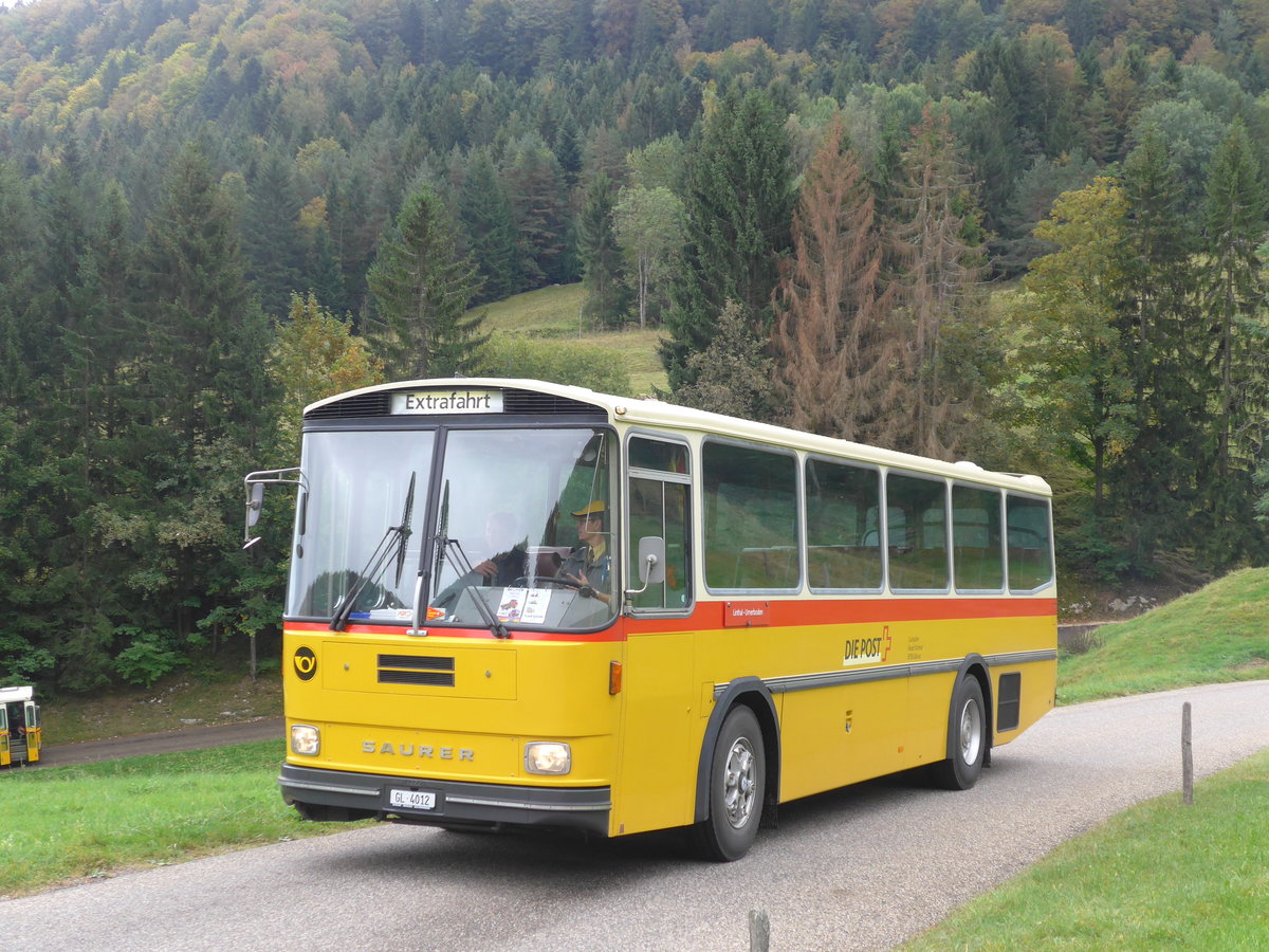 (175'336) - Schmid, Glarus - GL 4012 - Saurer/Tscher (ex Mosimann, Aesch; ex Erne, Full; ex P 24'257) am 2. Oktober 2016 am Scheltenpass (Solothurnerseite)