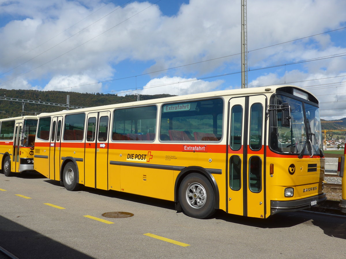 (175'385) - Gautschi, Suhr - AG 6835 - Saurer/Tscher (ex Ltscher, Neuheim Nr. 200; ex Cartek, Regensdorf; ex P 25'822) am 2. Oktober 2016 beim Bahnhof Glovelier