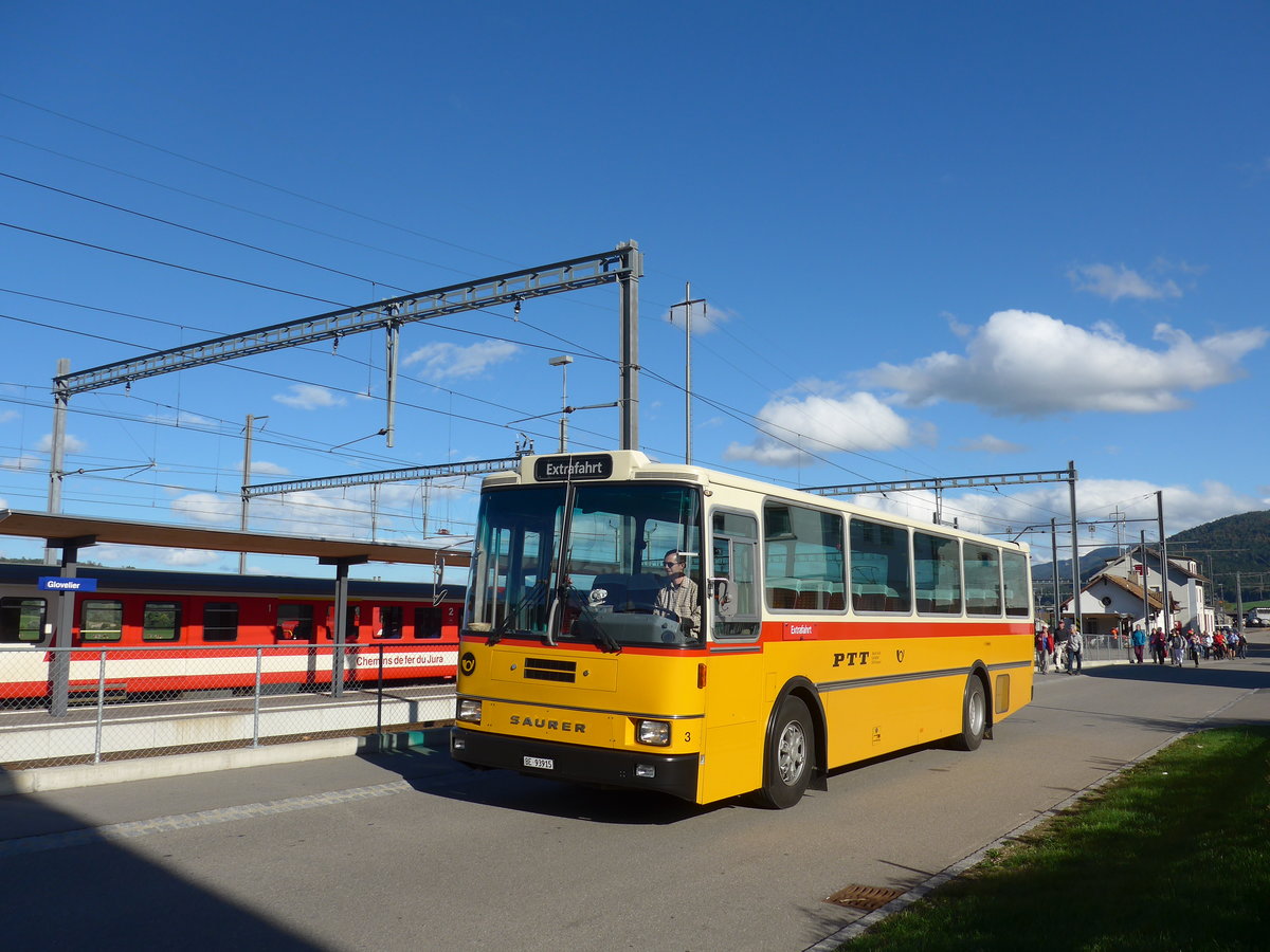 (175'406) - Kolb, Grasswil - Nr. 3/BE 93'915 - Saurer/R&J (ex Schmocker, Stechelberg Nr. 3; ex Nr. 1; ex Gertsch, Stechelberg Nr. 1) am 2. Oktober 2016 beim Bahnhof Glovelier