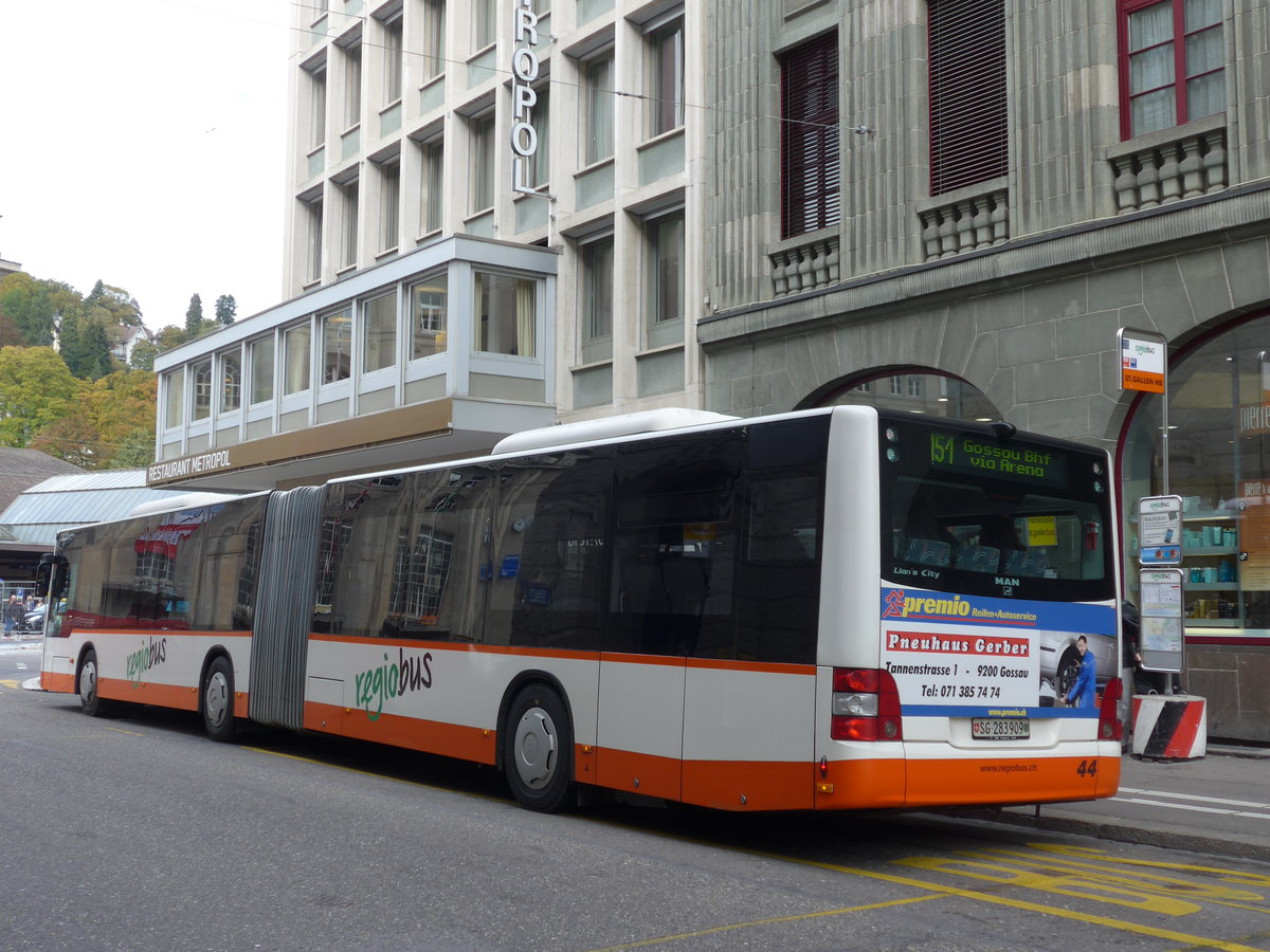 (175'687) - Regiobus, Gossau - Nr. 44/SG 283'909 - MAN am 15. Oktober 2016 beim Bahnhof St. Gallen