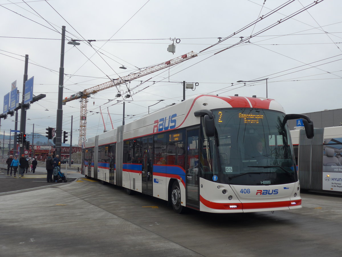 (177'188) - VBL Luzern - Nr. 408 - Hess/Hess Doppelgelenktrolleybus am 11. Dezember 2016 beim Bahnhof Emmenbrcke Sd