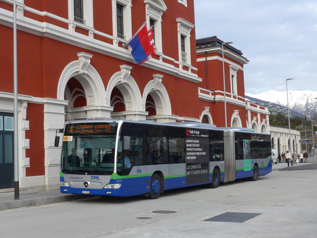 (178'267) - TPL Lugano - Nr. 409/TI 207'020 - Mercedes am 7. Februar 2017 beim Bahnhof Lugano