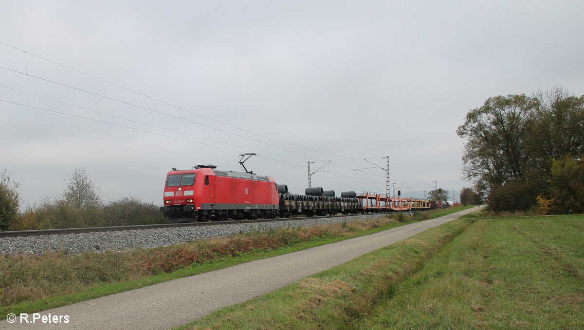 185 019-7 zieht bei Pölling ein gemischten Güterzugnach Nürnberg. 26.10.24