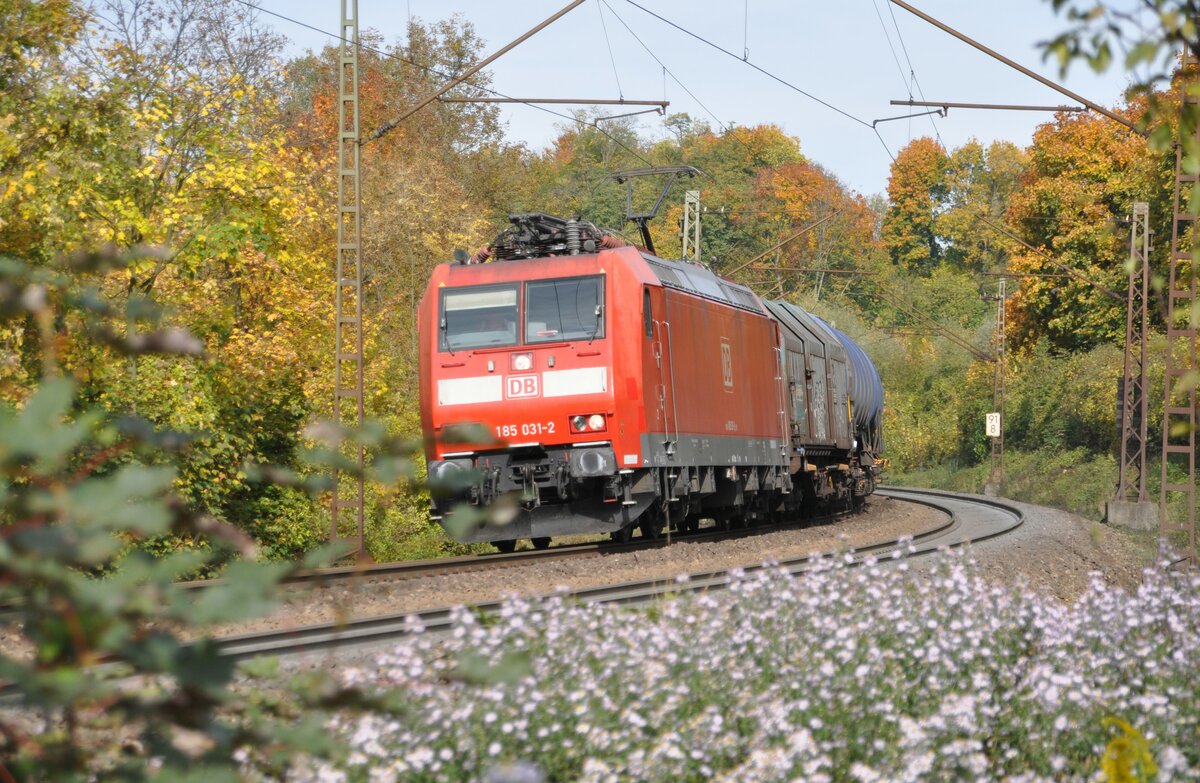 185 031-2 mit gemischtem Güterzug in Ulm am 18.10.2012.